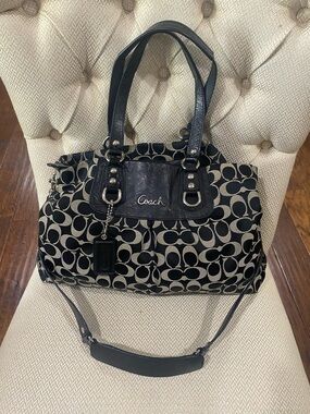 Coach Black and Cream Signature Logo Shoulder Bag with Detachable Strap